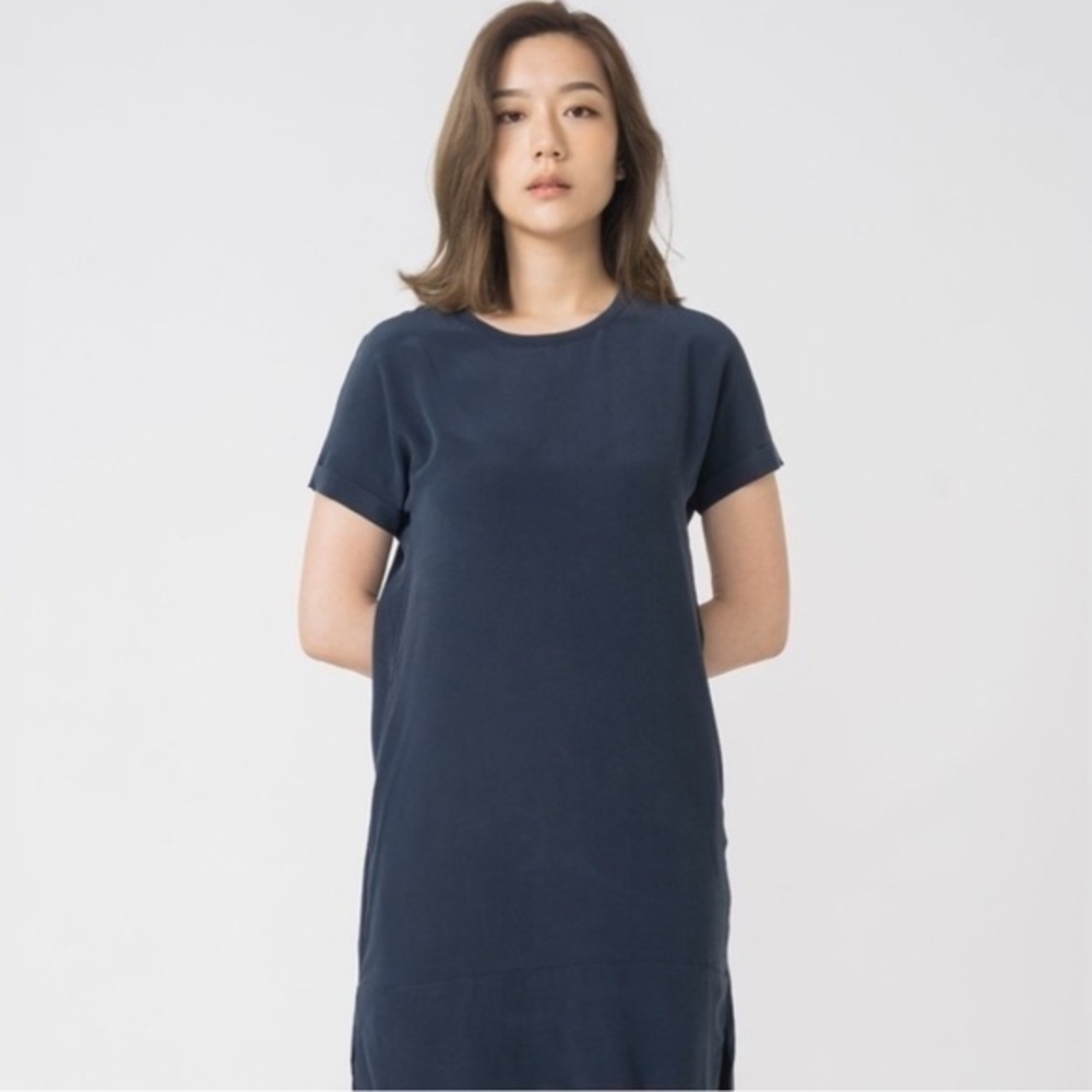 NEW GRANA 100% Chinese Silk Navy Blue Short Shirt Tee Dress NWOT